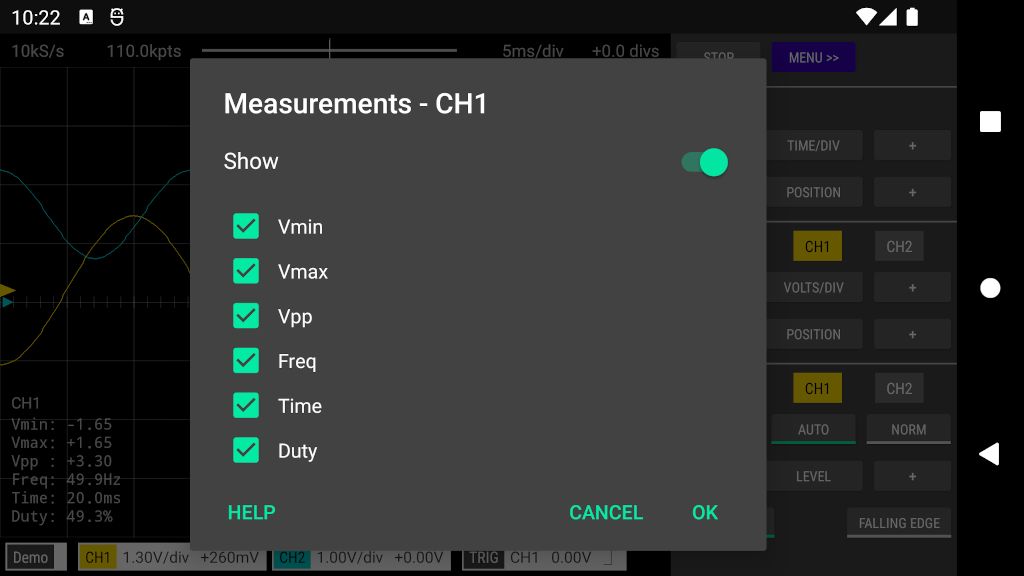 On-screen measurements configuration